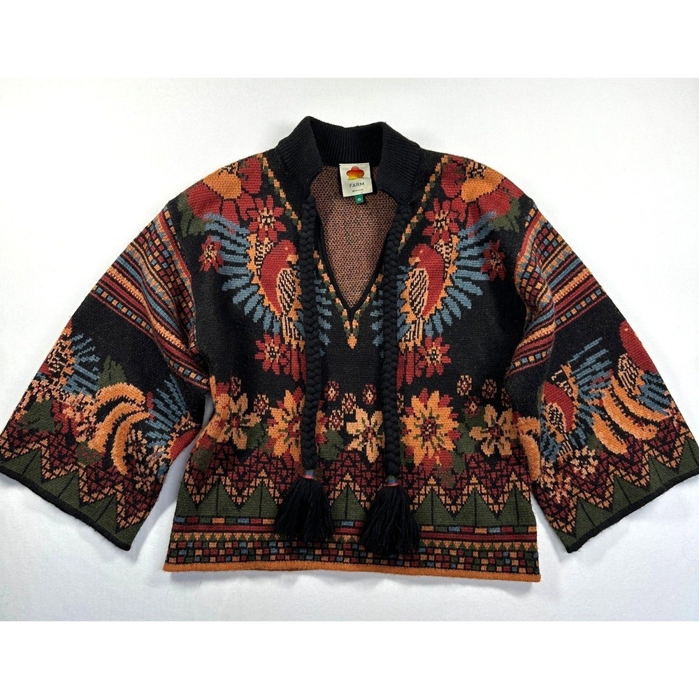 Farm Rio Macaw Ballet Sweater XS to M Floral Parrot Tassel Artisan Oversized